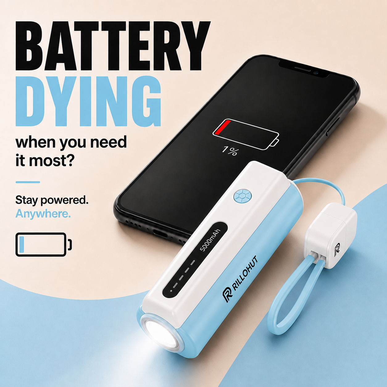 RILLOHUT™ Power Bank with LED Torch – 5000mAh (For Type-C phones)