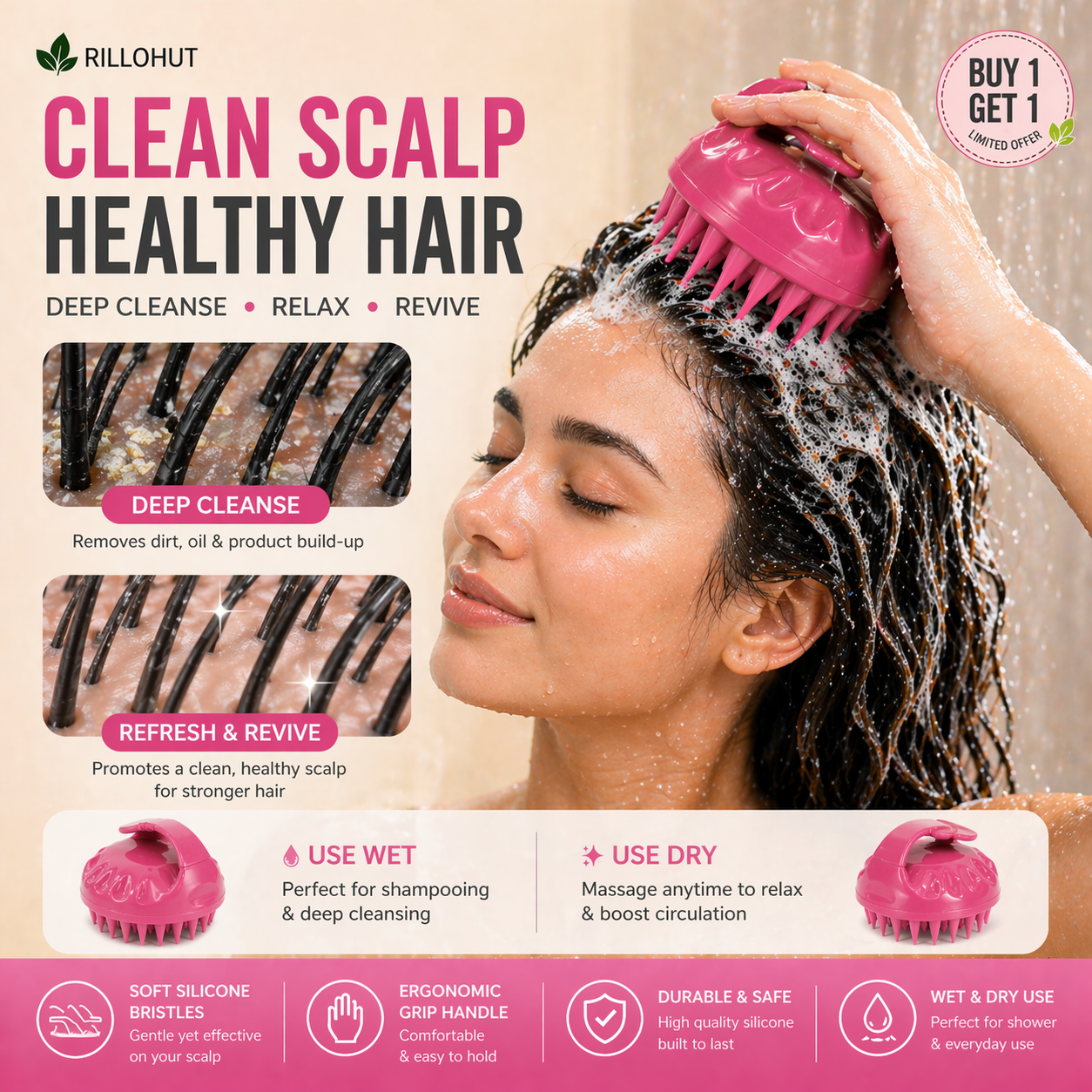 Silicone Scalp Massager Shampoo Brush ( Buy 1 Get 1 Free )