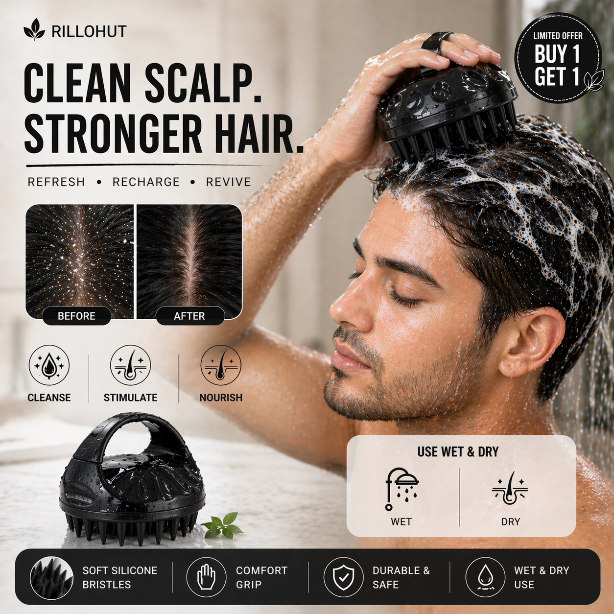 Silicone Scalp Massager Shampoo Brush ( Buy 1 Get 1 Free )