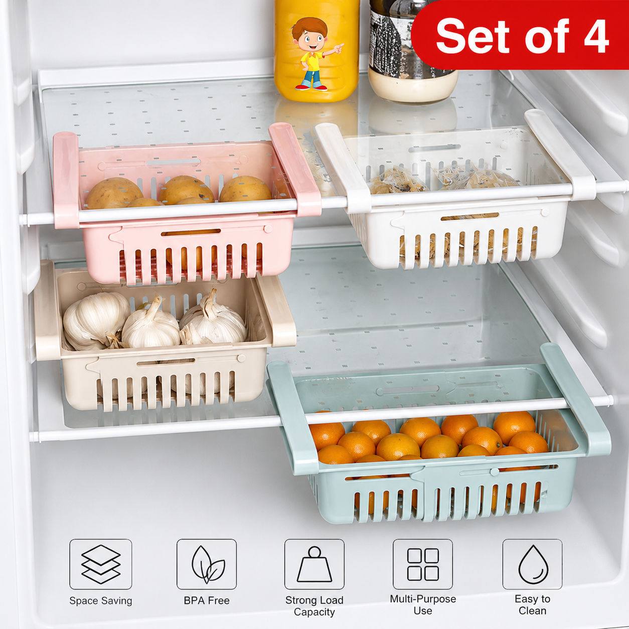 Adjustable Fridge Storage Basket (Pack of 4)
