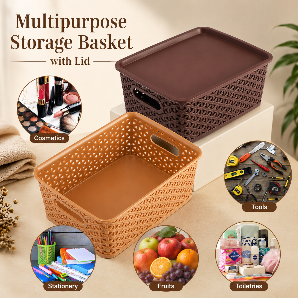 Multipurpose Storage Basket with Lid & Handles