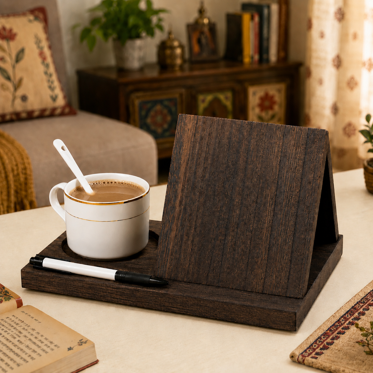 Wooden Book Stand with Cup Holder