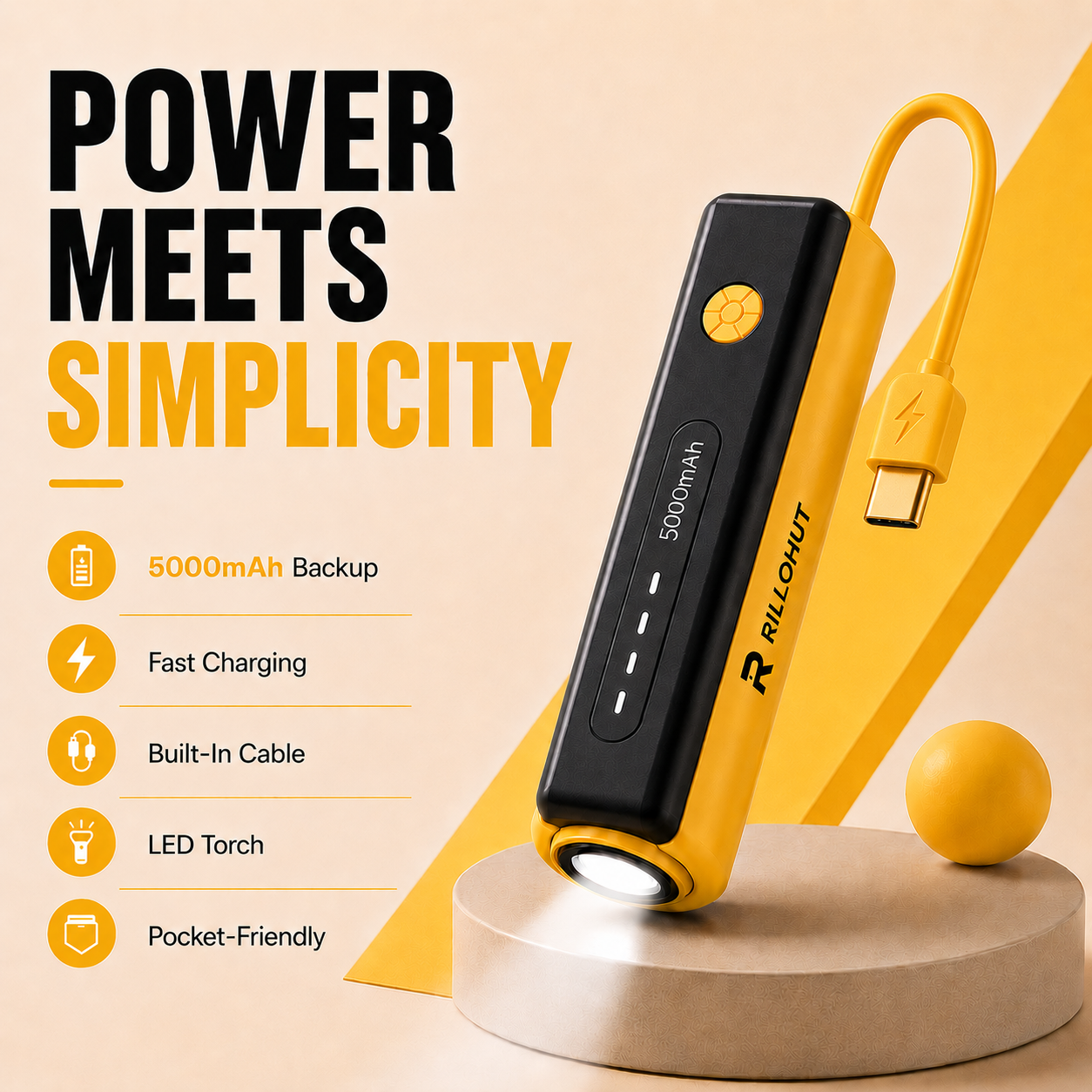 RILLOHUT™ Power Bank with LED Torch – 5000mAh (For Type-C phones)