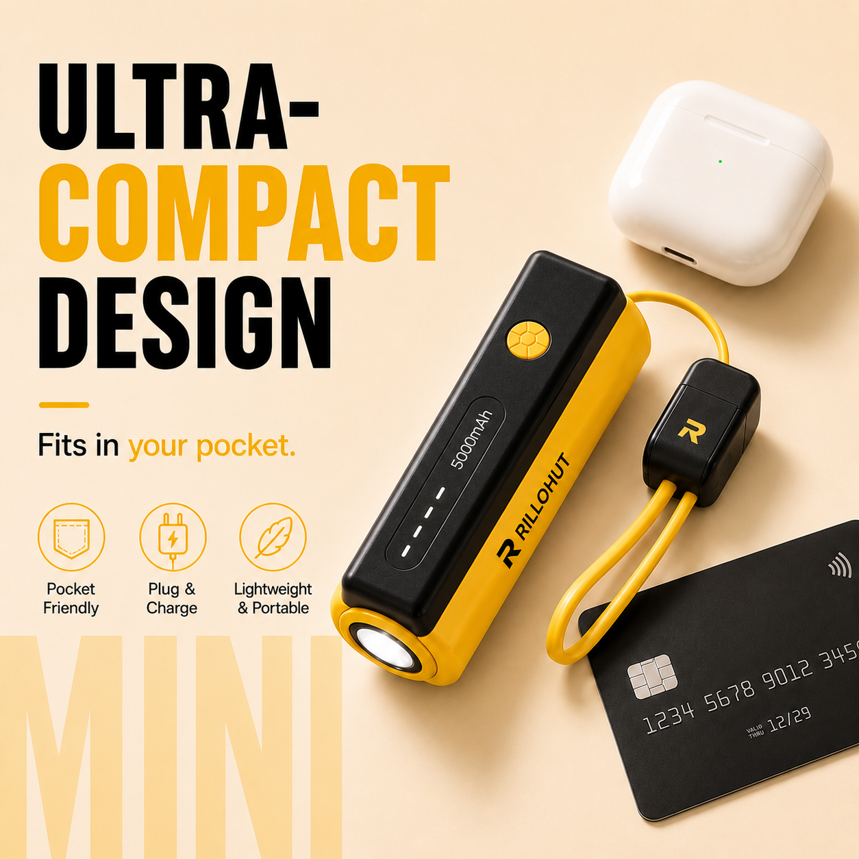 RILLOHUT™ Power Bank with LED Torch – 5000mAh (For Type-C phones)