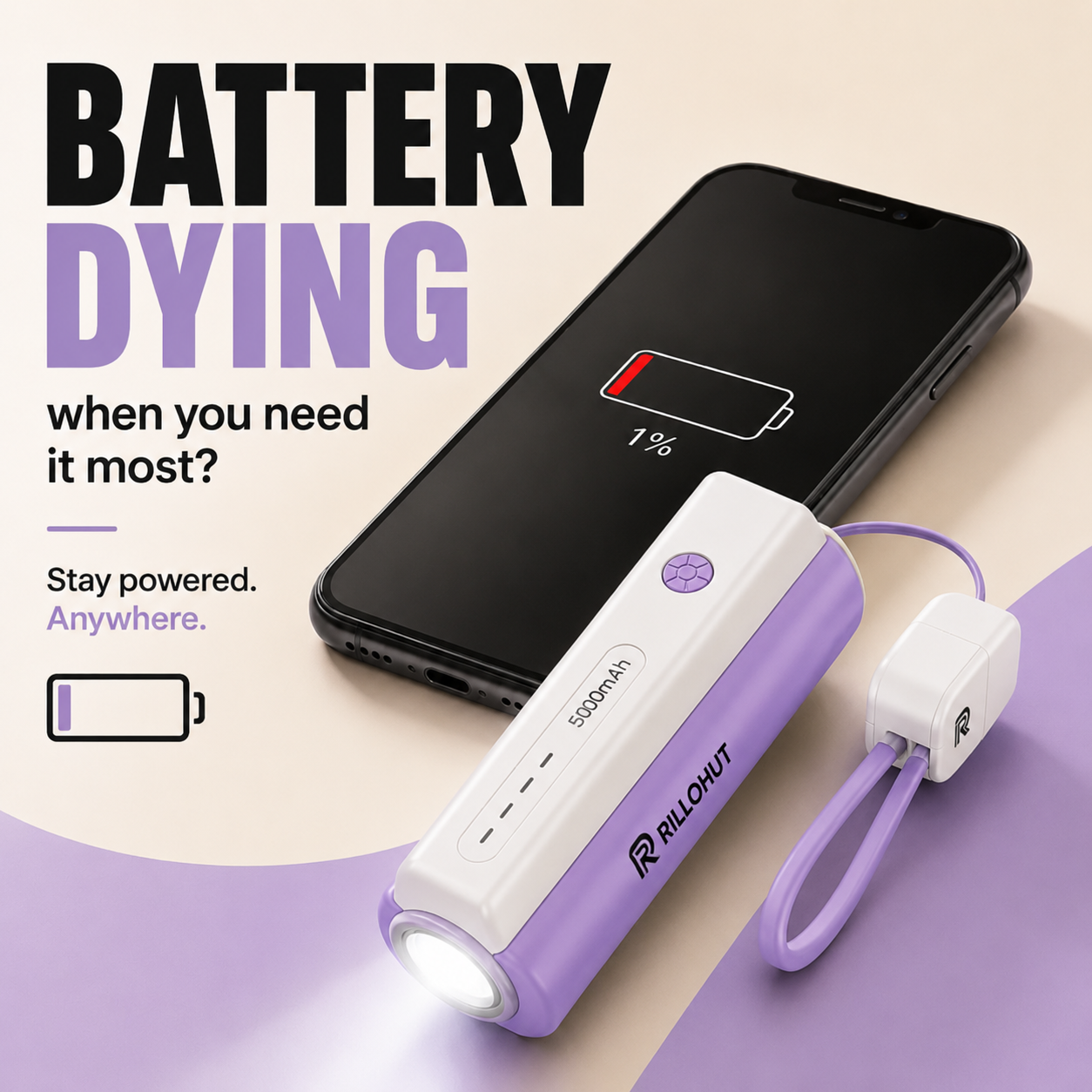RILLOHUT™ Power Bank with LED Torch – 5000mAh (For Type-C phones)