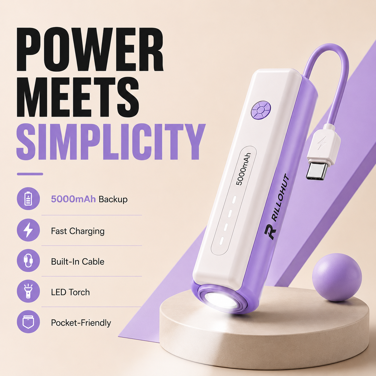 RILLOHUT™ Power Bank with LED Torch – 5000mAh (For Type-C phones)