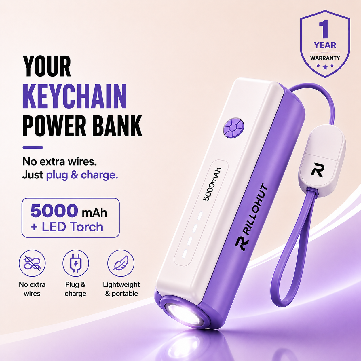 RILLOHUT™ Power Bank with LED Torch – 5000mAh (For Type-C phones)