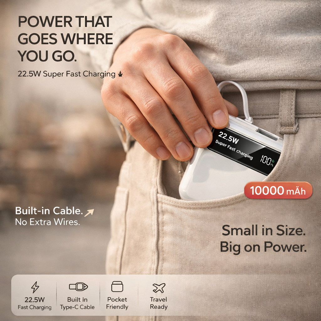 RILLOHUT 10000mAh Power Bank | 22.5W Fast Charge | Built-in Cable