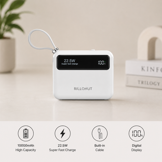 RILLOHUT 10000mAh Power Bank | 22.5W Fast Charge | Built-in Cable
