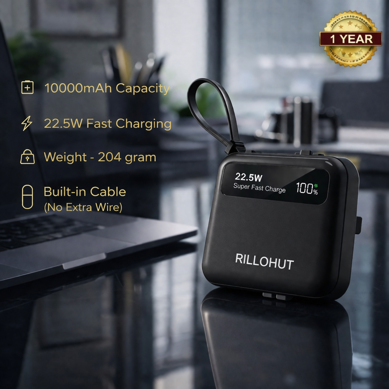 RILLOHUT 10000mAh Power Bank | 22.5W Fast Charge | Built-in Cable